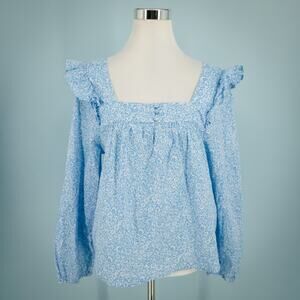 J. Crew Size Large L Blue Floral Print Square Neck Ruffle Long Sleeve Cotton Top